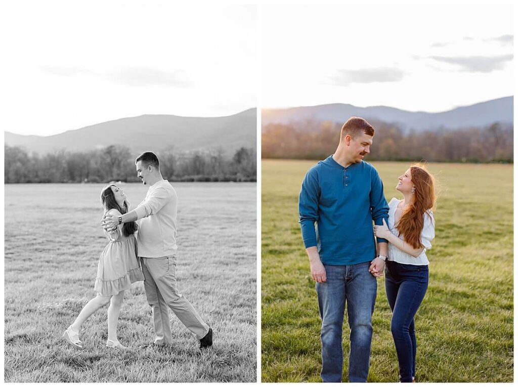 Engaged couple dancing at sunset for photos at Greenhill Park in Roanoke, Virginia 