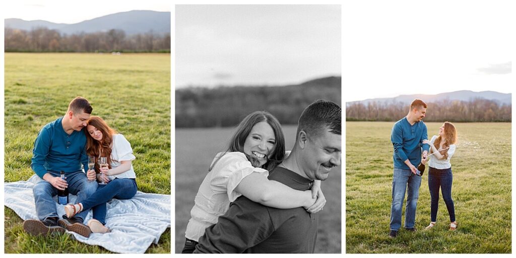 Engaged couple popping champagne at sunset for photos at Greenhill Park in Roanoke, Virginia