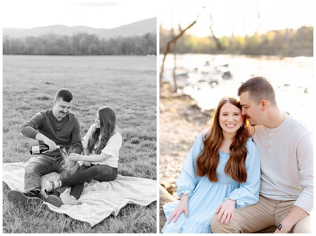 Couple sharing champagne at sunset for engagement photos at Greenhill Park in Roanoke, Virginia