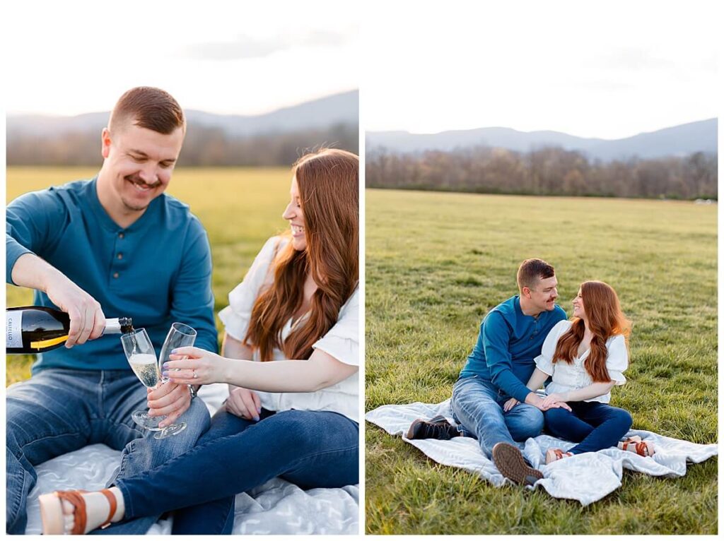 Couple sharing glasses of champagne for photos at Greenhill Park in Roanoke