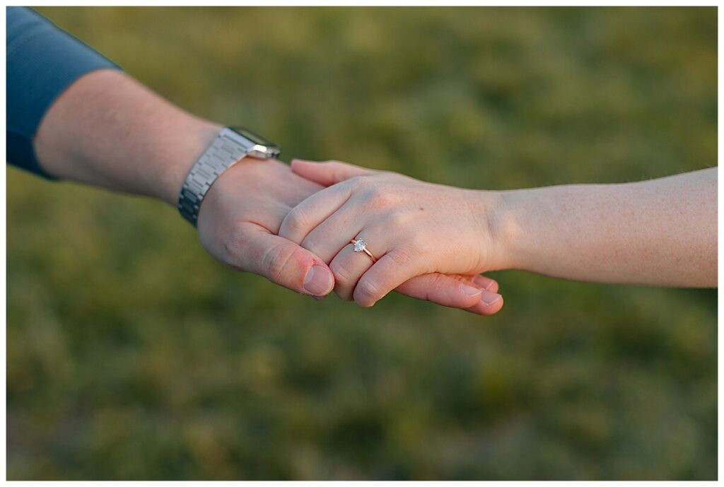 Engaged couple holding hands for photos at Greenhill Park in Roanoke, Virginia