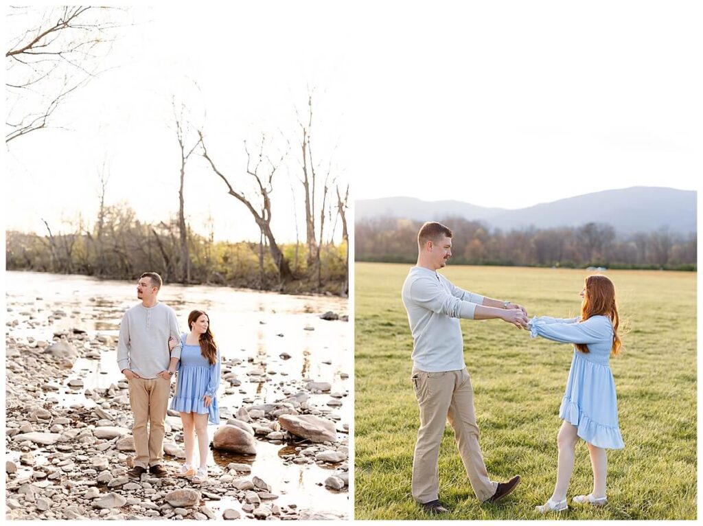 Couple taking engagement photos at Roanoke Park in the Springtime