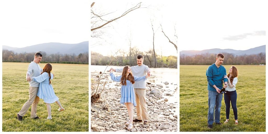 Couple taking Spring engagement photos in Greenhill Park in Roanoke, Virginia 