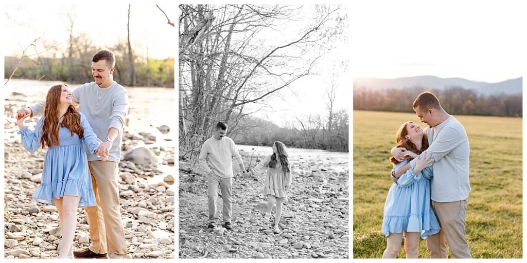 Engaged couple taking photos for wedding at Greenhill Park in Roanoke, Virginia 