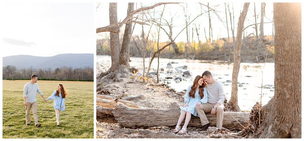 Couple taking engagement photos at sunset in Greenhill Park