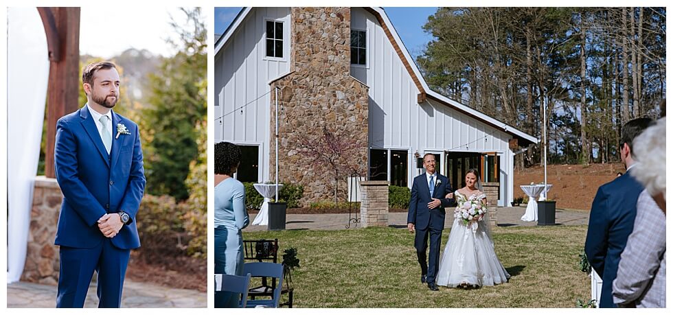 Groom Reacting to Father Walking Bride Down The Aisle at The Pavilion At Carriage Farm