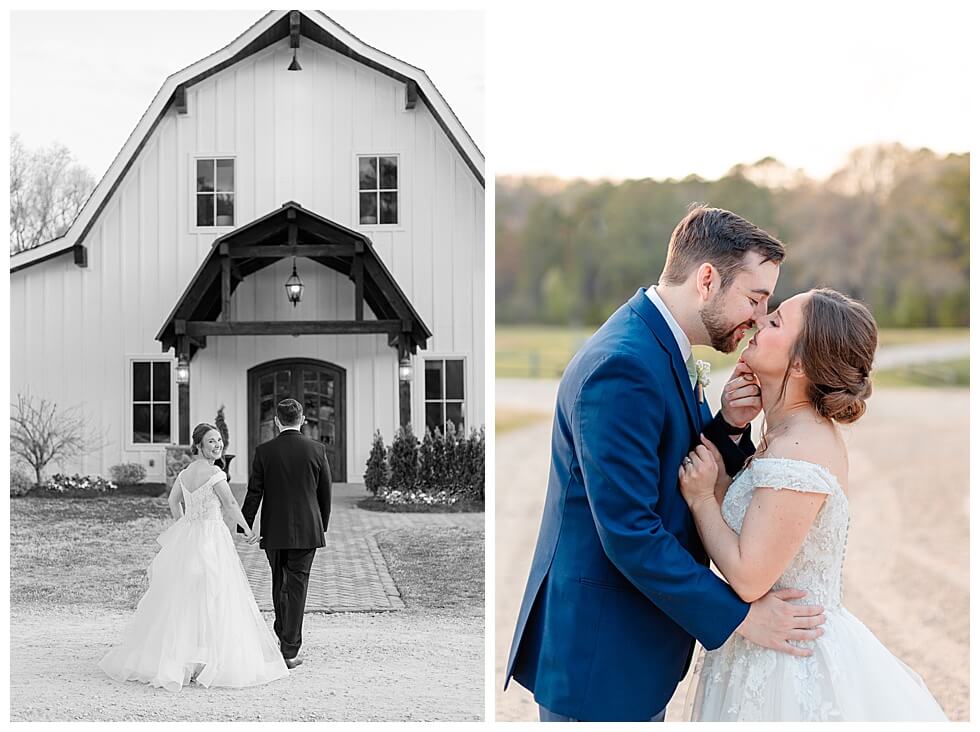 Bride and Groom walking towards barn for wedding photos 