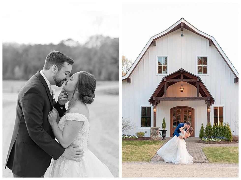 Couple posing in front of Barn at The Pavilion At Carriage Farm